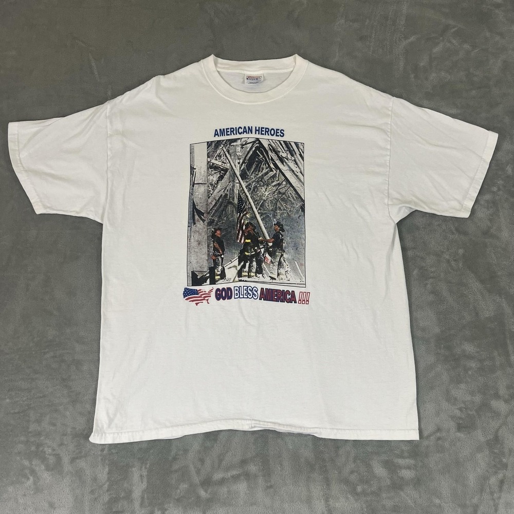 Hanes Shirt Mens XL White American Heroes God Bless America Graphic Tee USA 9/11